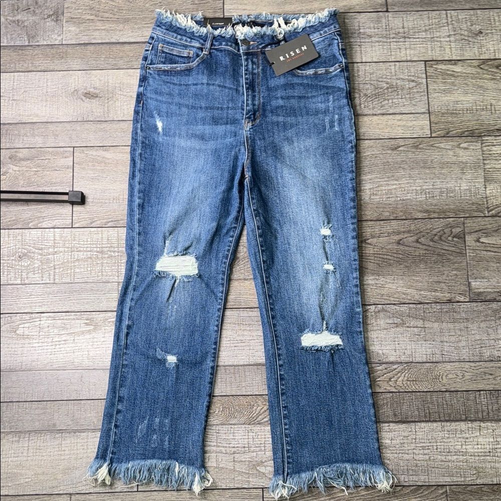 Risen Women's High Rise Distressed, Straight-Leg Cropped Jeans - Blue